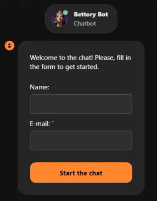Livechat van Betoranje Casino met een formulier om contact op te nemen met de klantenservice